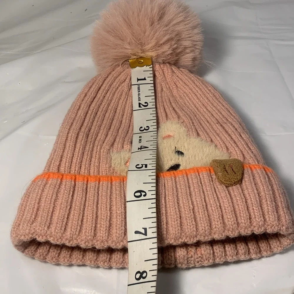 Kids Cute Kitten Blush Pink 3 D Knit Pom Pom Winter Beanie